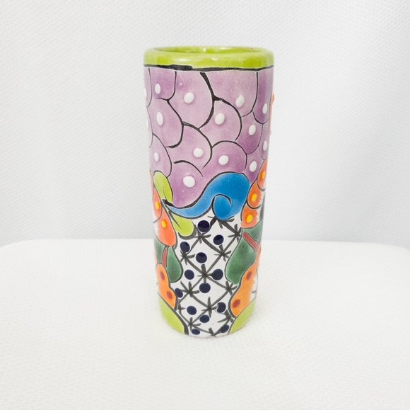 Talavera Mexican Green Rim Redware Pottery Vase - Picture 2 of 6